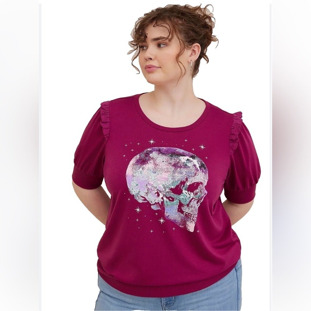 Torrid pink short sleeve sweatshirt skull printed ruffled sleeves 2X